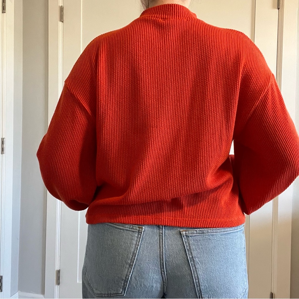 Lush Mockneck Deep Orange Sweater w/ Puffy Sleeves Size Small - Picture 3 of 8
